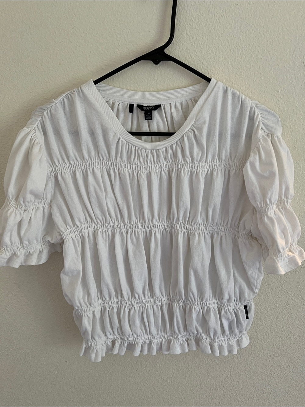 Buffalo David Bitton White Smocked Puff Sleeve Top